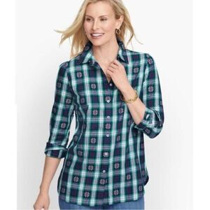 Talbots Classic Cotton Shirt Snowflake Plaid Jacquard Button Down Shirt